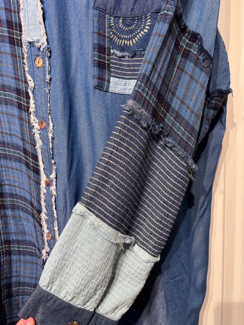 Johnny Was Workshop Blue Patchwork Denim & Plaid Button-Down - Picture 5 of 15